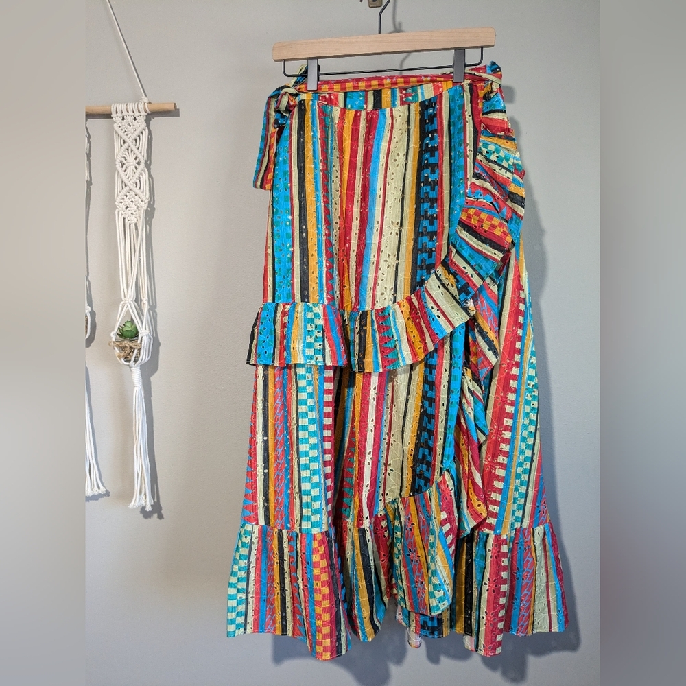 Anthropologie Verb Rainbow Vertical Stripe Ruffle Wrap Skirt M - Picture 3 of 16